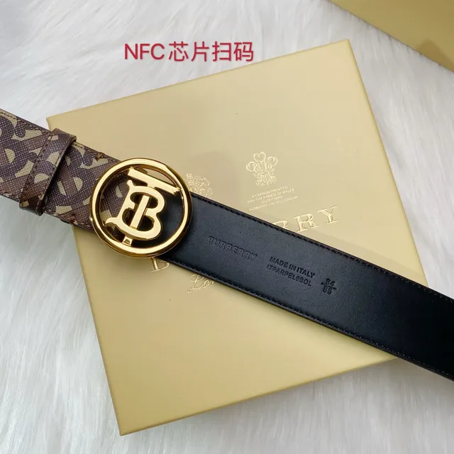 Burberry বাদামি বেইজ Monogram-প্রিন্ট স্ট্র্যাপ বৃত্তাকার গোল্ড TB বাকল চামড়ার বেল্ট 5