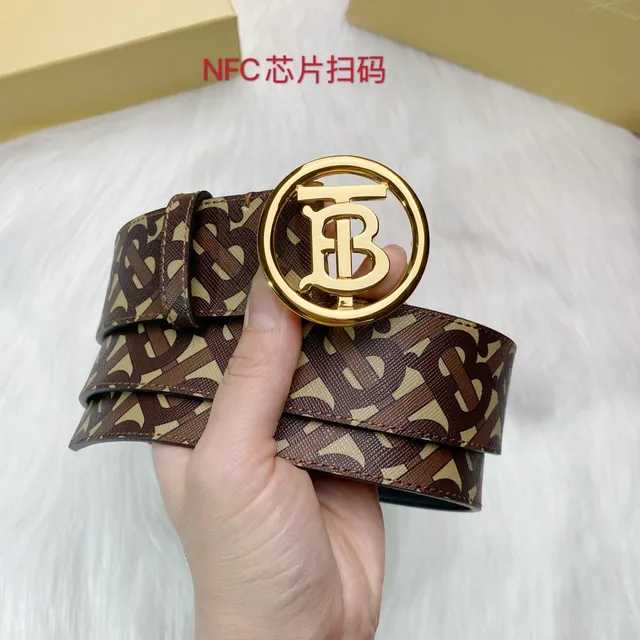 Burberry বাদামি বেইজ Monogram-প্রিন্ট স্ট্র্যাপ বৃত্তাকার গোল্ড TB বাকল চামড়ার বেল্ট 6