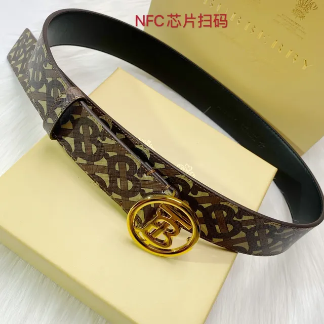Burberry বাদামি বেইজ Monogram-প্রিন্ট স্ট্র্যাপ বৃত্তাকার গোল্ড TB বাকল চামড়ার বেল্ট 7