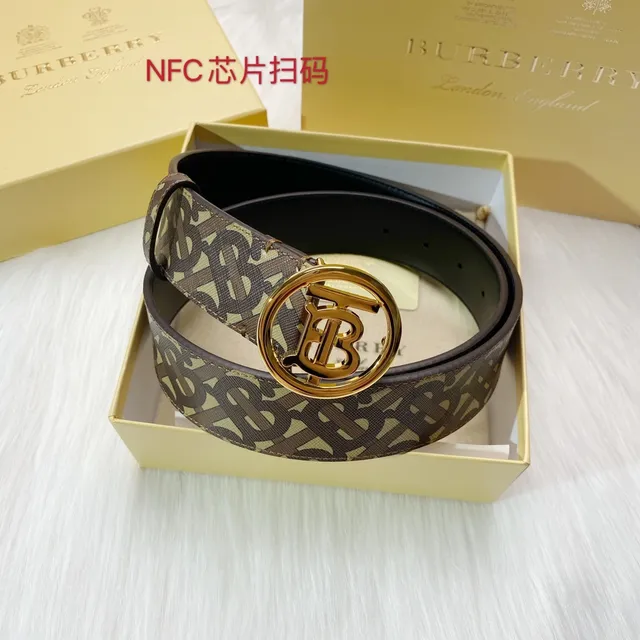 Burberry বাদামি বেইজ Monogram-প্রিন্ট স্ট্র্যাপ বৃত্তাকার গোল্ড TB বাকল চামড়ার বেল্ট 8
