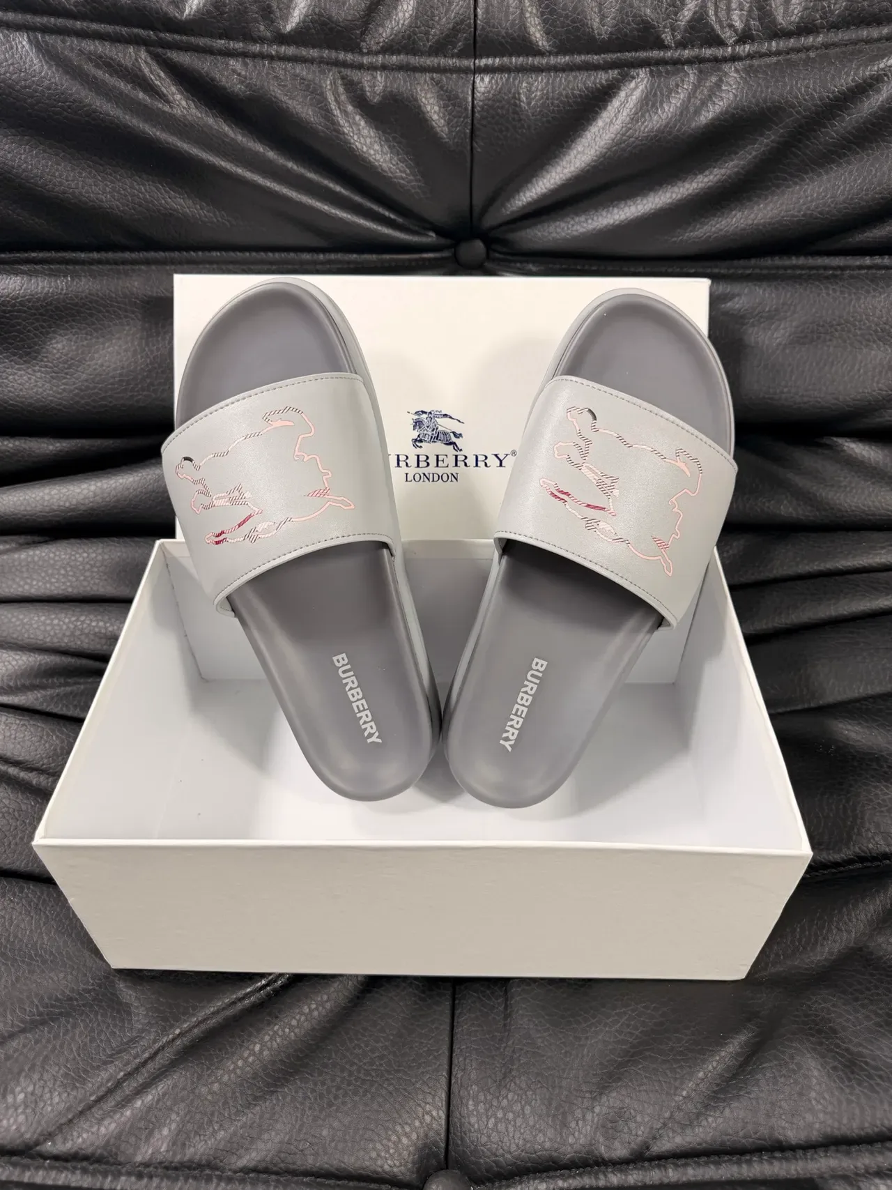 Burberry Knight Slide Gray Embroidered Equestrian Motif Slippers 3