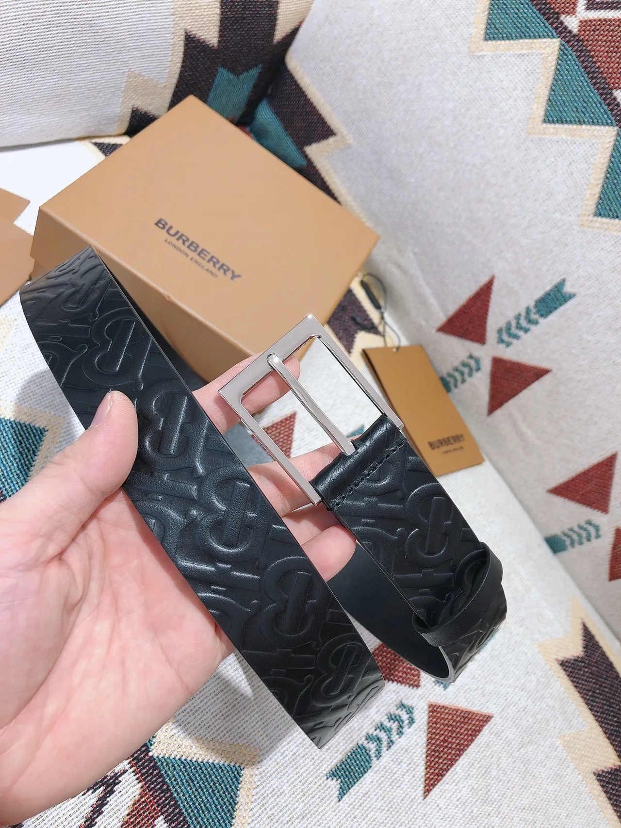 Burberry Monogram Embossed Black Leather Belt 2