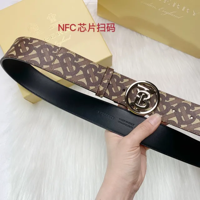 Burberry Monogram TB Logo Belt Brown Beige Leather Belt 3