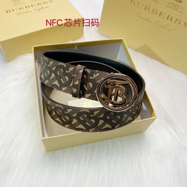 Burberry Monogram TB Logo Belt Brown Beige Leather Belt 4