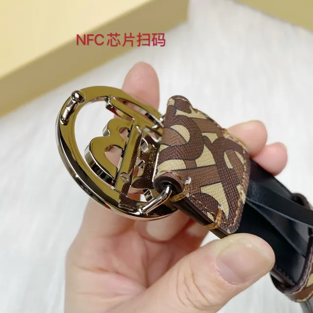 Burberry Monogram TB Logo Belt Brown Beige Leather Belt 6