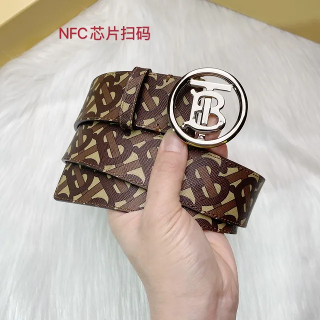 Burberry Monogram TB Logo Belt Brown Beige Leather Belt 7