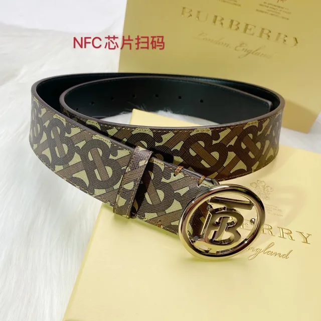 Burberry Monogram TB Logo Belt Brown Beige Leather Belt 8