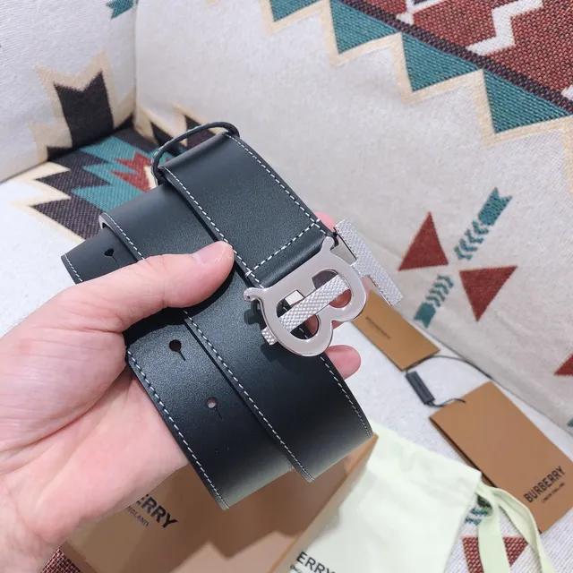 Burberry TB Belt Black White Contrast Stitching Leather Belt 2