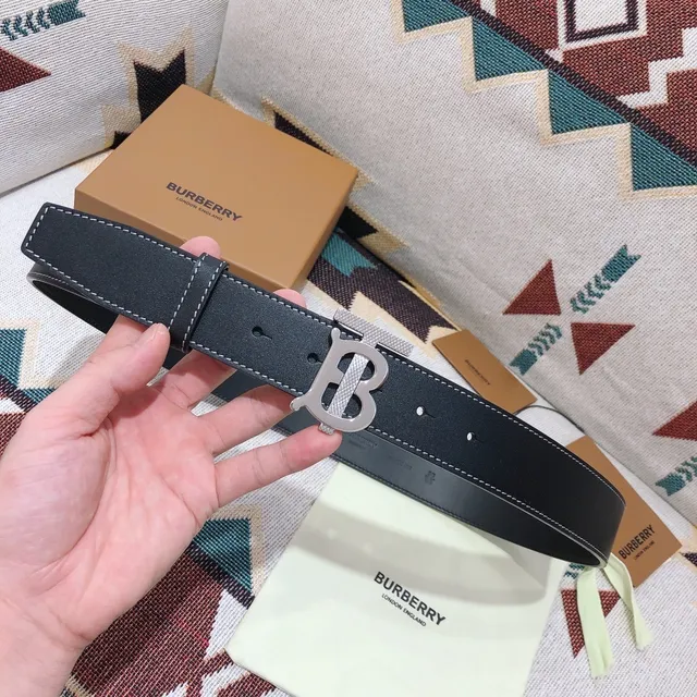 Burberry TB Belt Black White Contrast Stitching Leather Belt 8