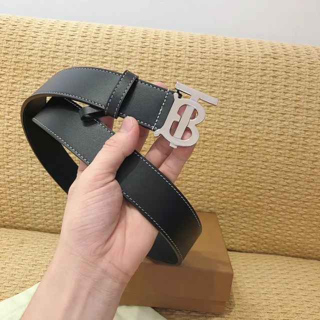Burberry TB Belt Black White Monogram Buckle Contrast Topstitching Leather Belt 2