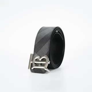 Burberry TB Monogram Black Gray Check-Patterned Fabric Strap Silver-Tone Buckle Leather Belt