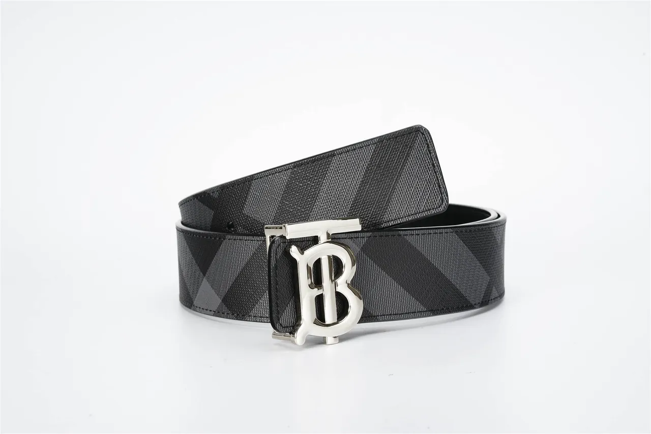 Burberry TB Monogram Black Gray Check-Patterned Fabric Strap Silver-Tone Buckle Leather Belt 4