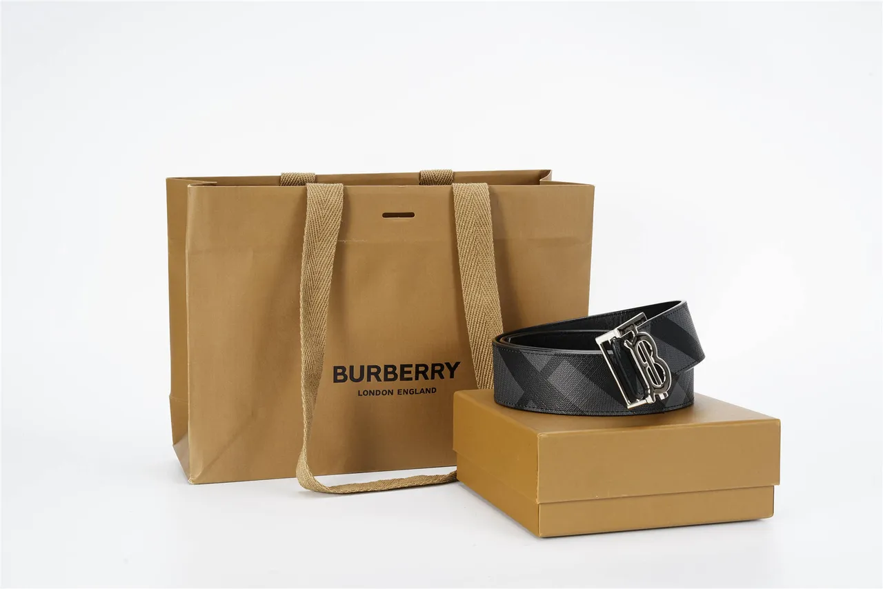 Burberry TB Monogram Black Gray Check-Patterned Fabric Strap Silver-Tone Buckle Leather Belt 5