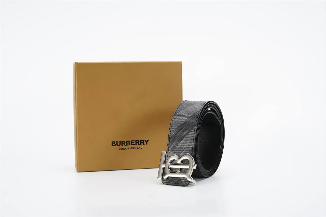 Burberry TB Monogram Black Gray Check-Patterned Fabric Strap Silver-Tone Buckle Leather Belt 6