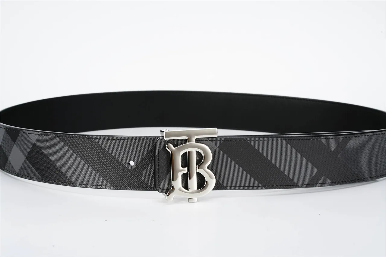 Burberry TB Monogram Black Gray Check-Patterned Fabric Strap Silver-Tone Buckle Leather Belt 7
