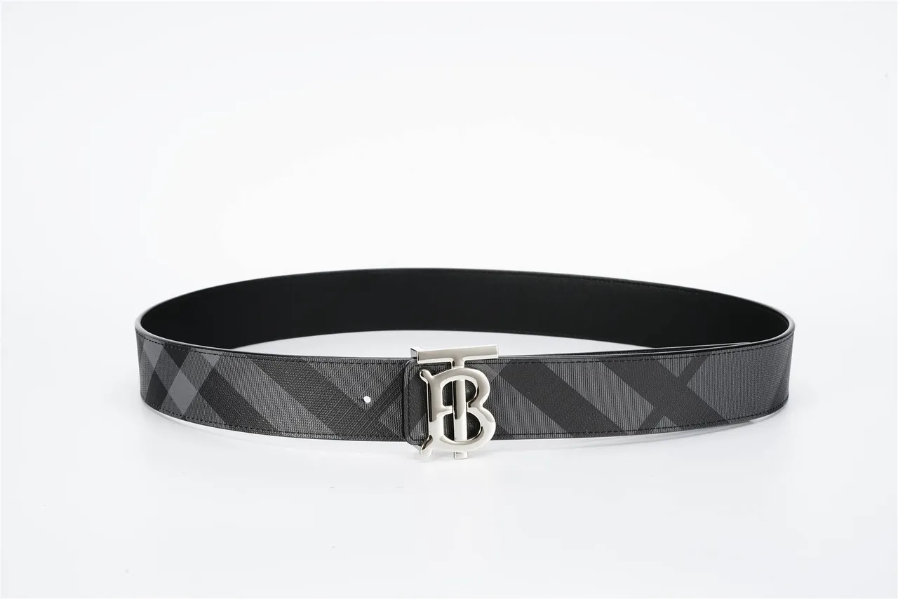 Burberry TB Monogram Black Gray Check-Patterned Fabric Strap Silver-Tone Buckle Leather Belt 8