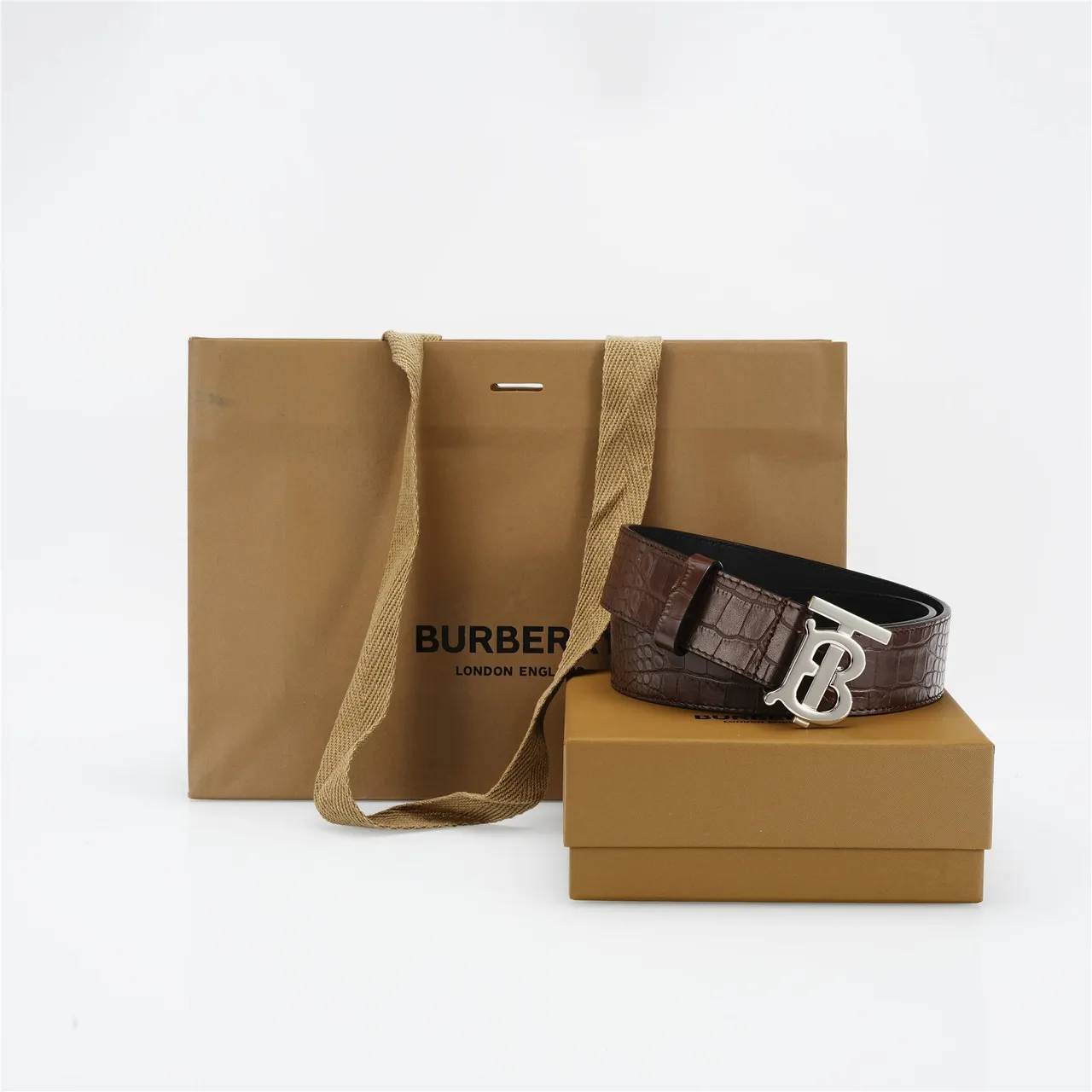 Burberry TB Monogram Crocodile-Embossed Brown Leather Belt 4