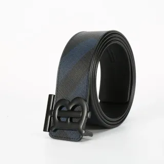 Burberry Thomas Monogram Black Navy Diagonal House Check Pattern Matte Buckle Leather Belt