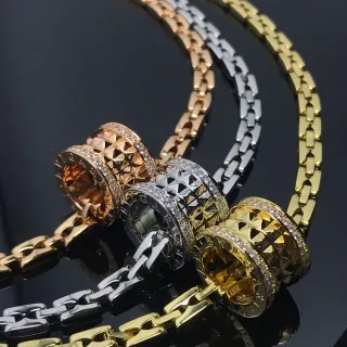 Bvlgari B.zero1 Gold Silver Interlocking Cylindrical Charms Pavé Crystal Bezel Necklace