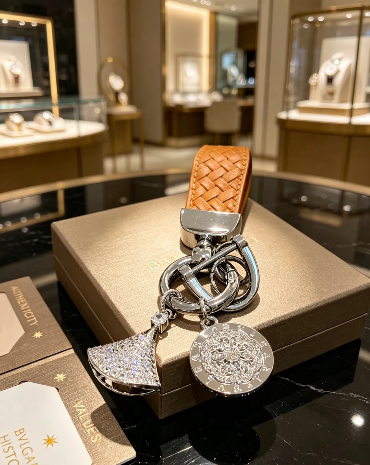 Bvlgari Divas’ Dream سوار جلد بني فاتح فضي مصنوع مطرز بلورات متلألئة بشكل مروحة 5