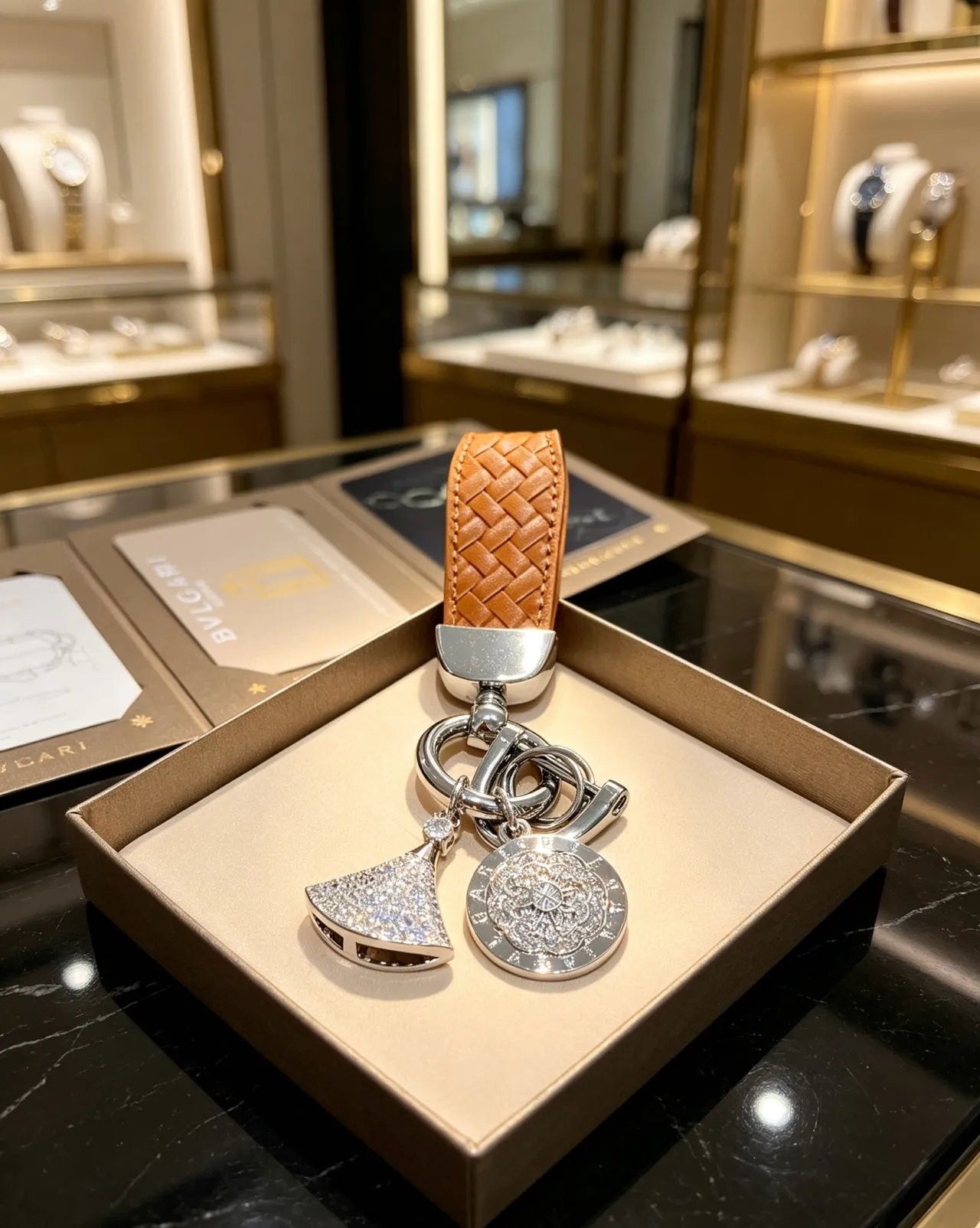 Bvlgari Divas’ Dream سوار جلد بني فاتح فضي مصنوع مطرز بلورات متلألئة بشكل مروحة 6