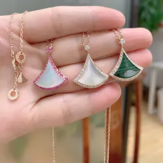 Bvlgari Divas’ Dream Pink Green Fan-Shaped Pendant Pavé Gemstone Border Necklace