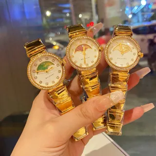 Bvlgari 金白色一体式手链 钻石表圈 石英手表