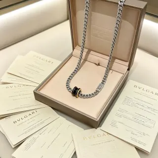 Bvlgari Silver Black Curb-Link Chain Cylindrical Pendant Necklace