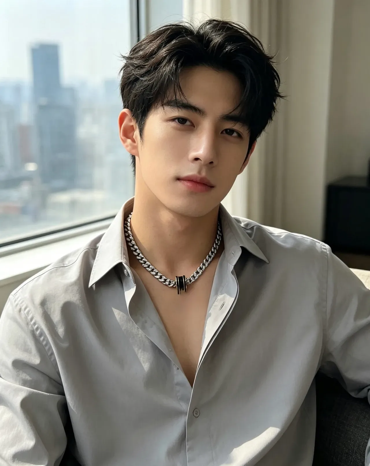 Bvlgari 银色黑色曲环链圆柱形吊坠项链 3