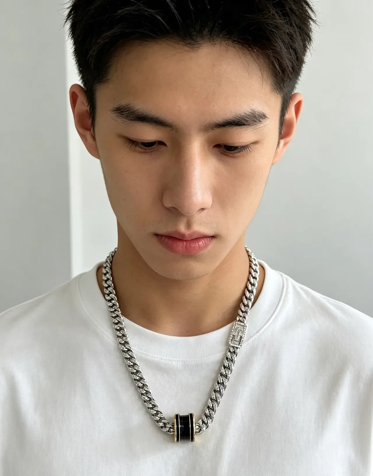 Bvlgari 银色黑色曲环链圆柱形吊坠项链 5