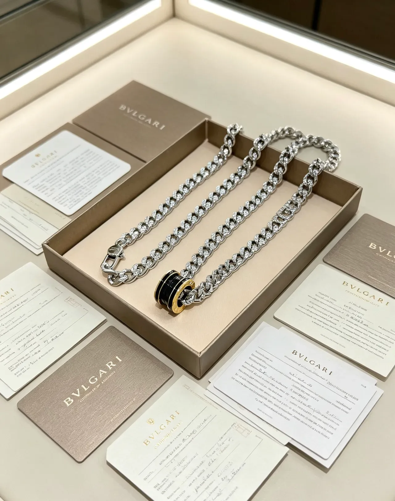 Bvlgari 银色黑色曲环链圆柱形吊坠项链 7