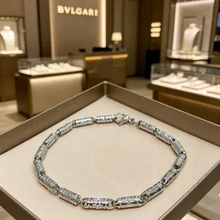 Bvlgari Silver Tubular Links Engraved Geometric Detailing Bracelet