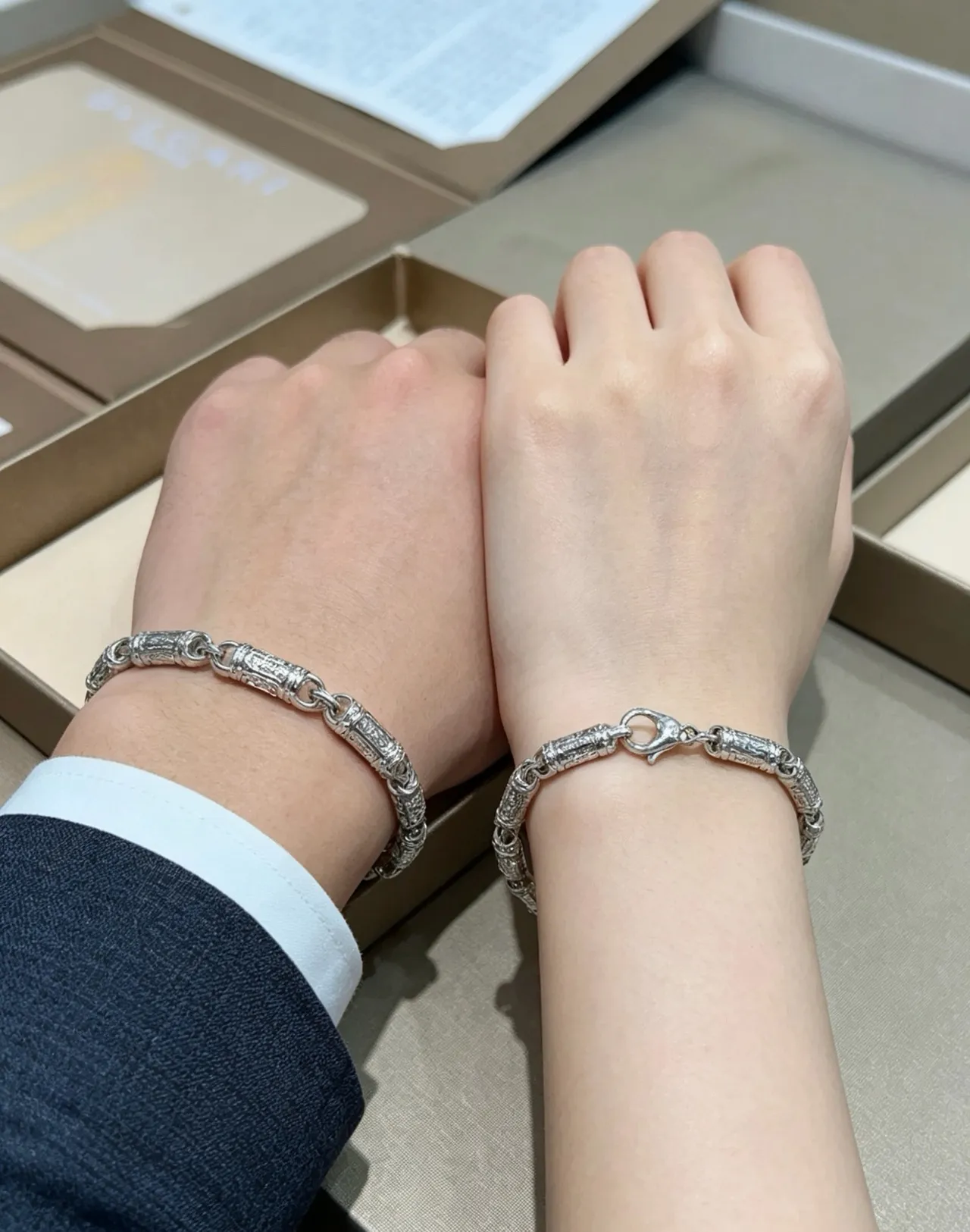 Bvlgari Silver Tubular Links Engraved Geometric Detailing Bracelet 2