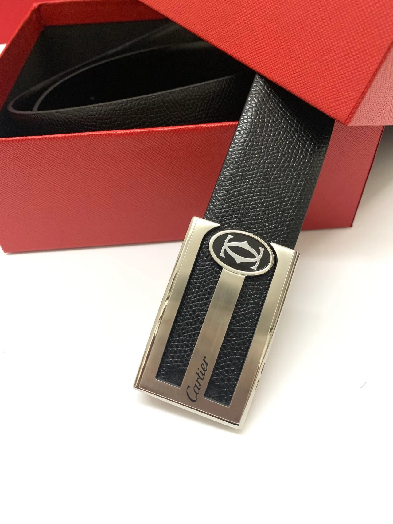 Cartier Black Silver Textured Rectangular Buckle Leather Belt 4