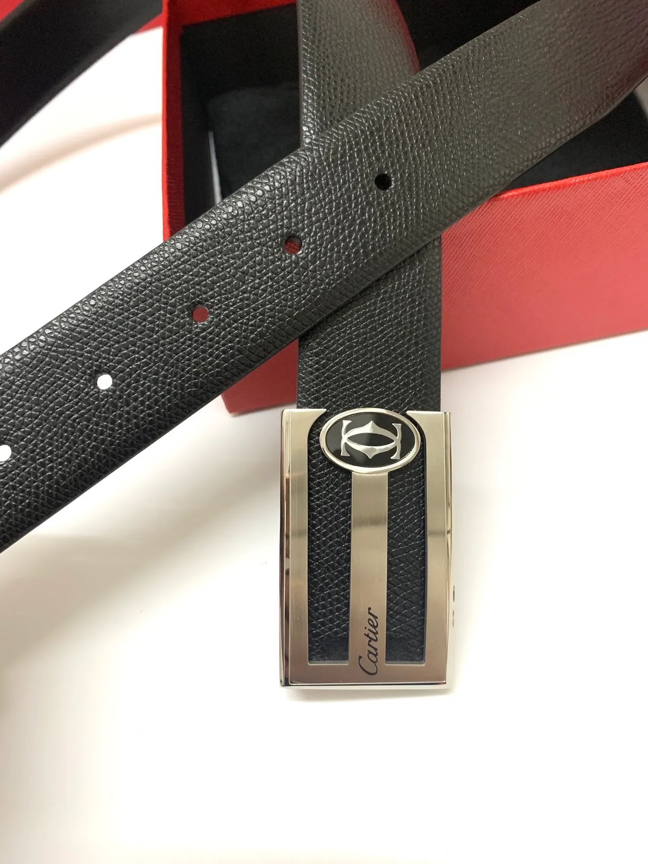 Cartier Black Silver Textured Rectangular Buckle Leather Belt 5