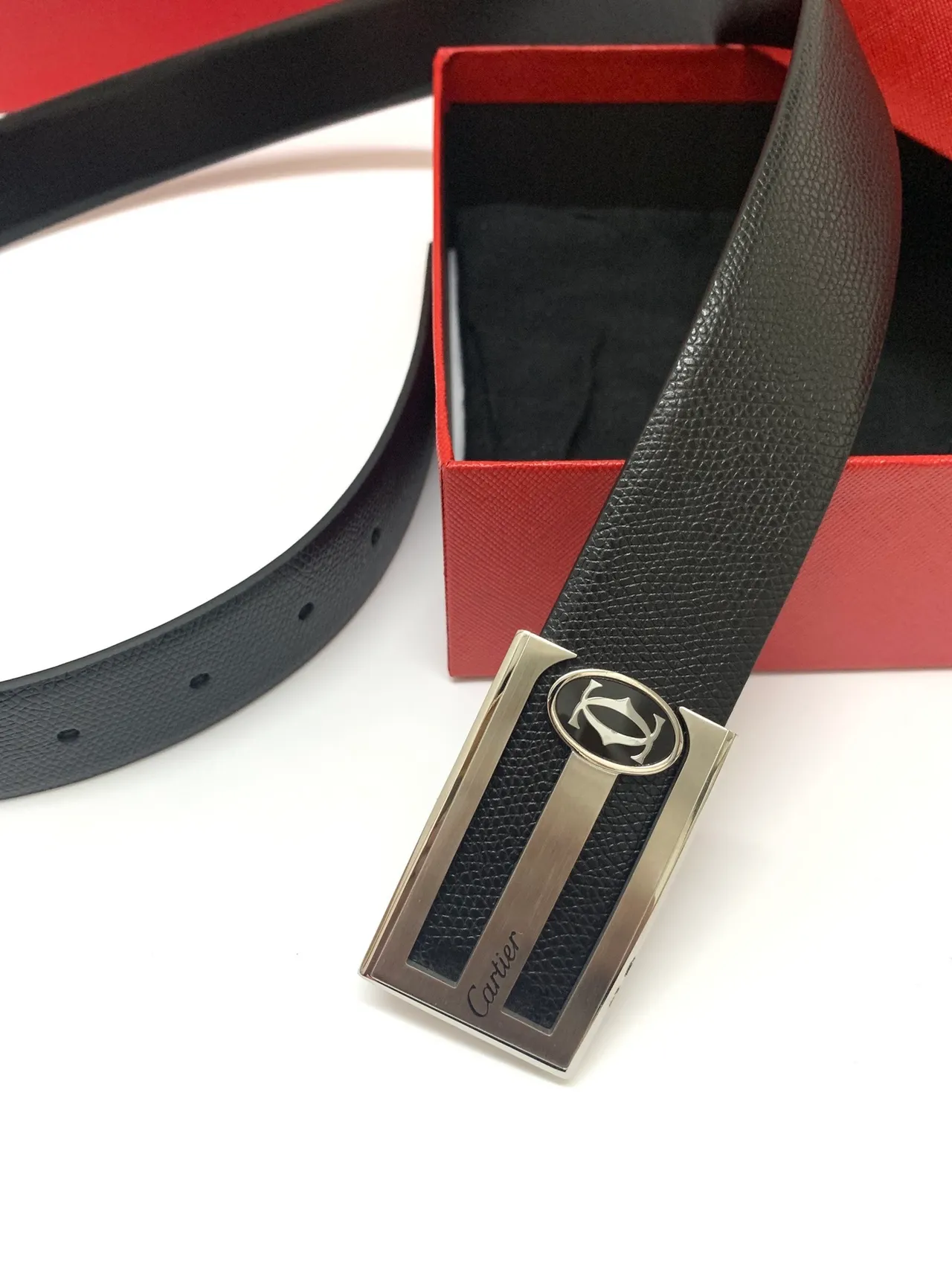 Cartier Black Silver Textured Rectangular Buckle Leather Belt 7
