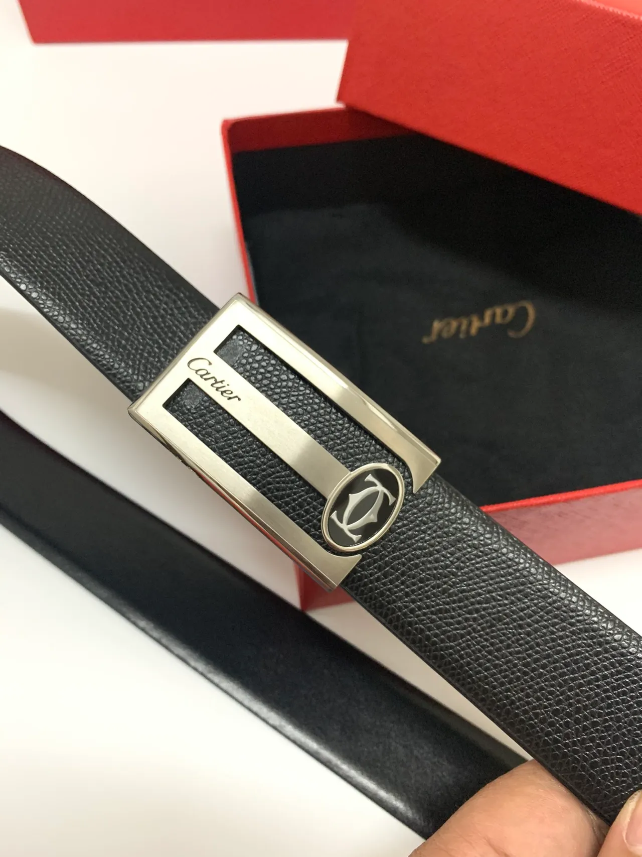 Cartier Black Silver Textured Rectangular Buckle Leather Belt 9