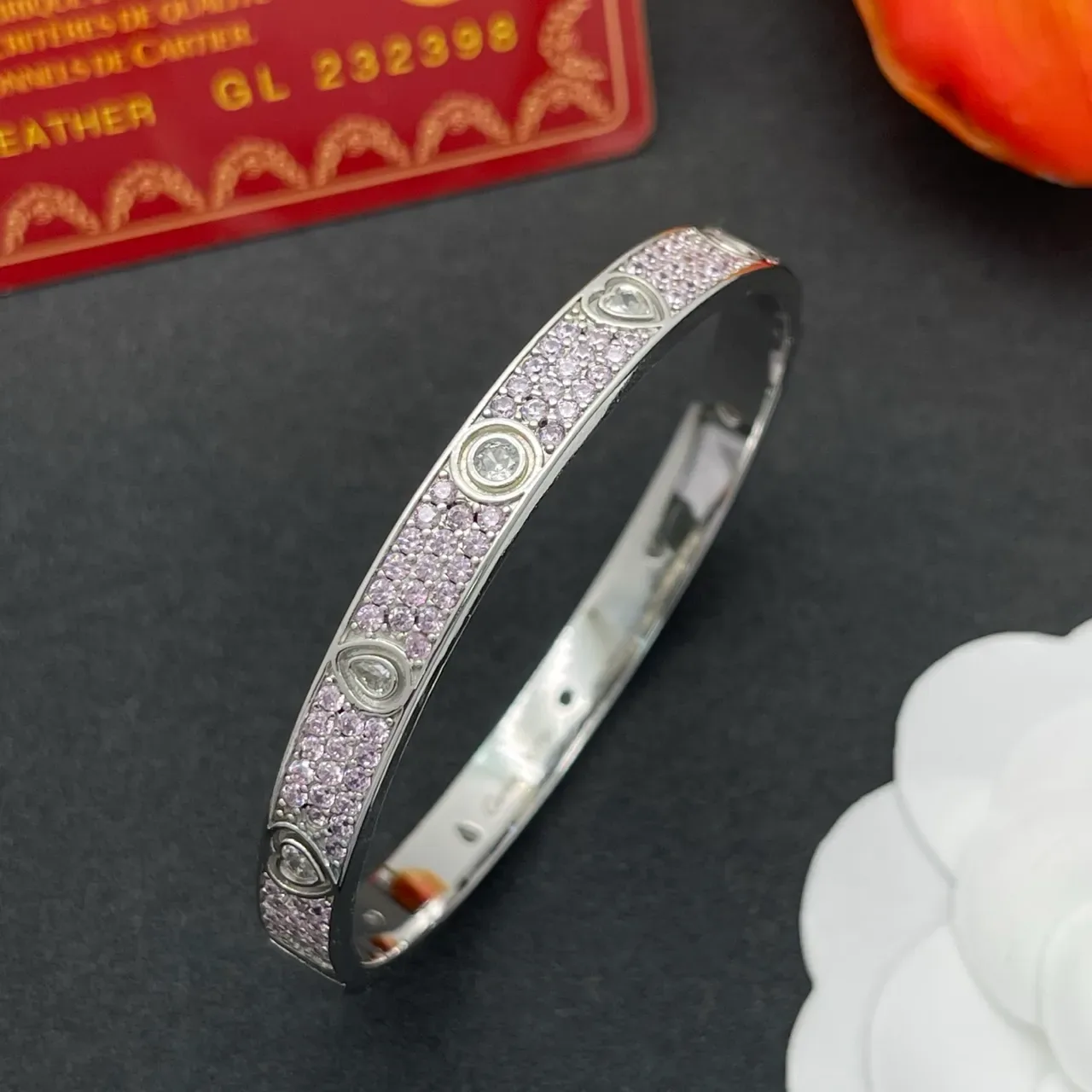Cartier Juste un Clou Pink Pavé Heart Bangle Bracelet 6