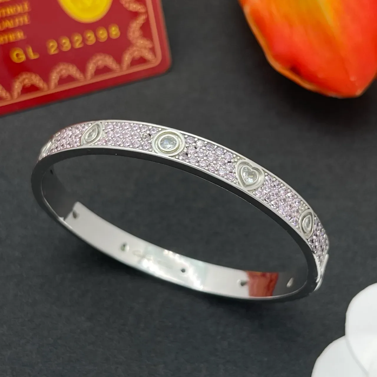 Cartier Juste un Clou Pink Pavé Heart Bangle Bracelet 7