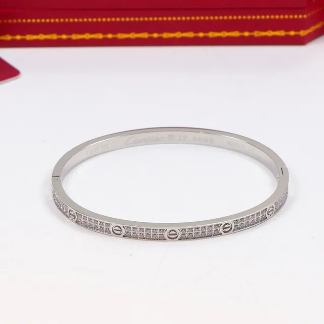 Cartier Love Gold Silver Hinged Bangle Pavé-Stone Embellished Bracelet 3