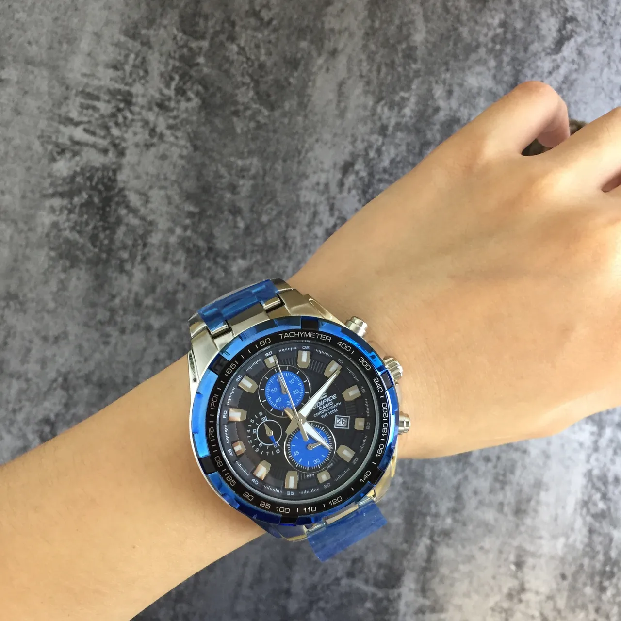 Casio Negro Azul Cronógrafo Tachímetro Bisel Reloj 3