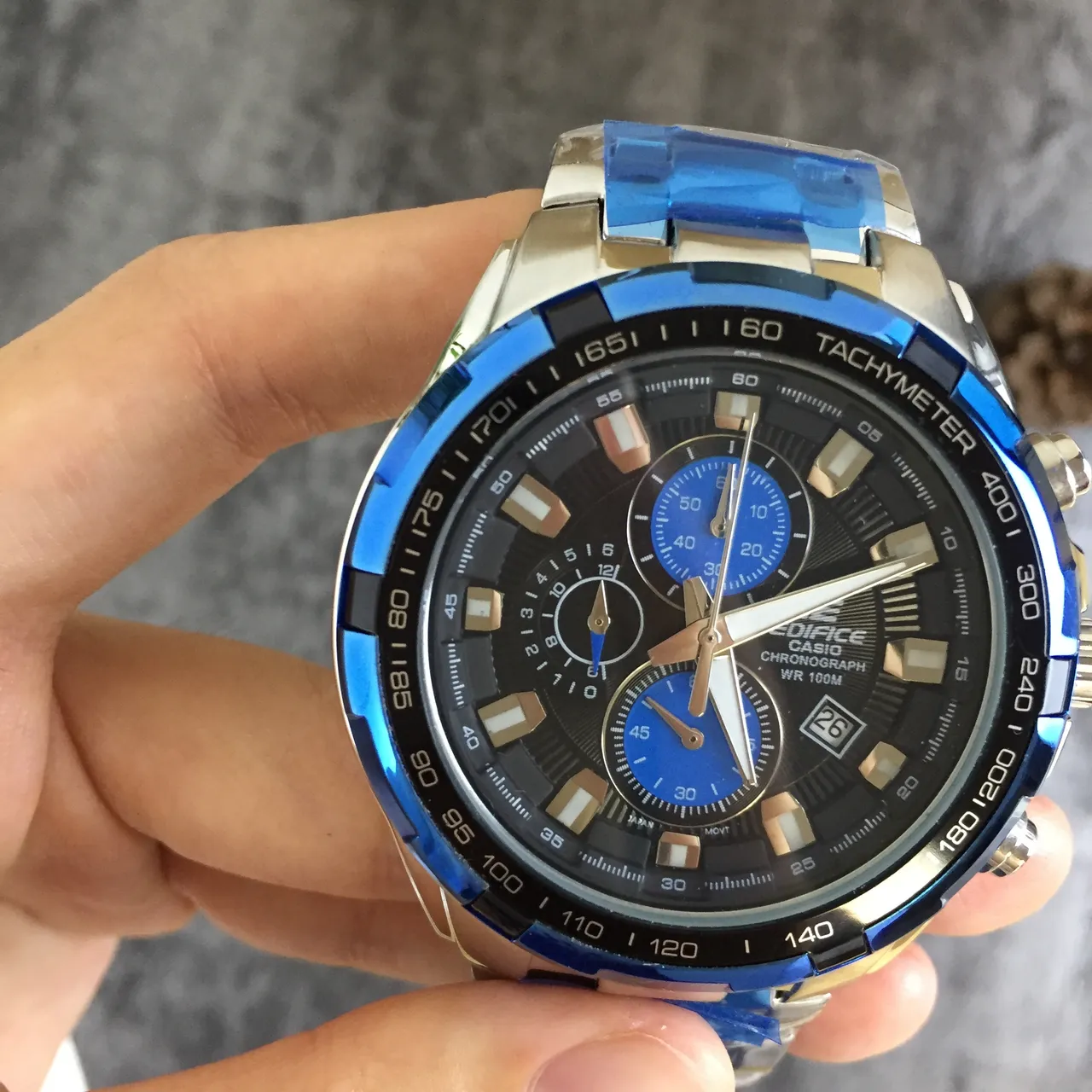 Casio Negro Azul Cronógrafo Tachímetro Bisel Reloj 4