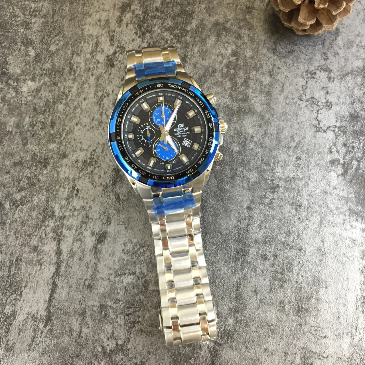 Casio Negro Azul Cronógrafo Tachímetro Bisel Reloj 8