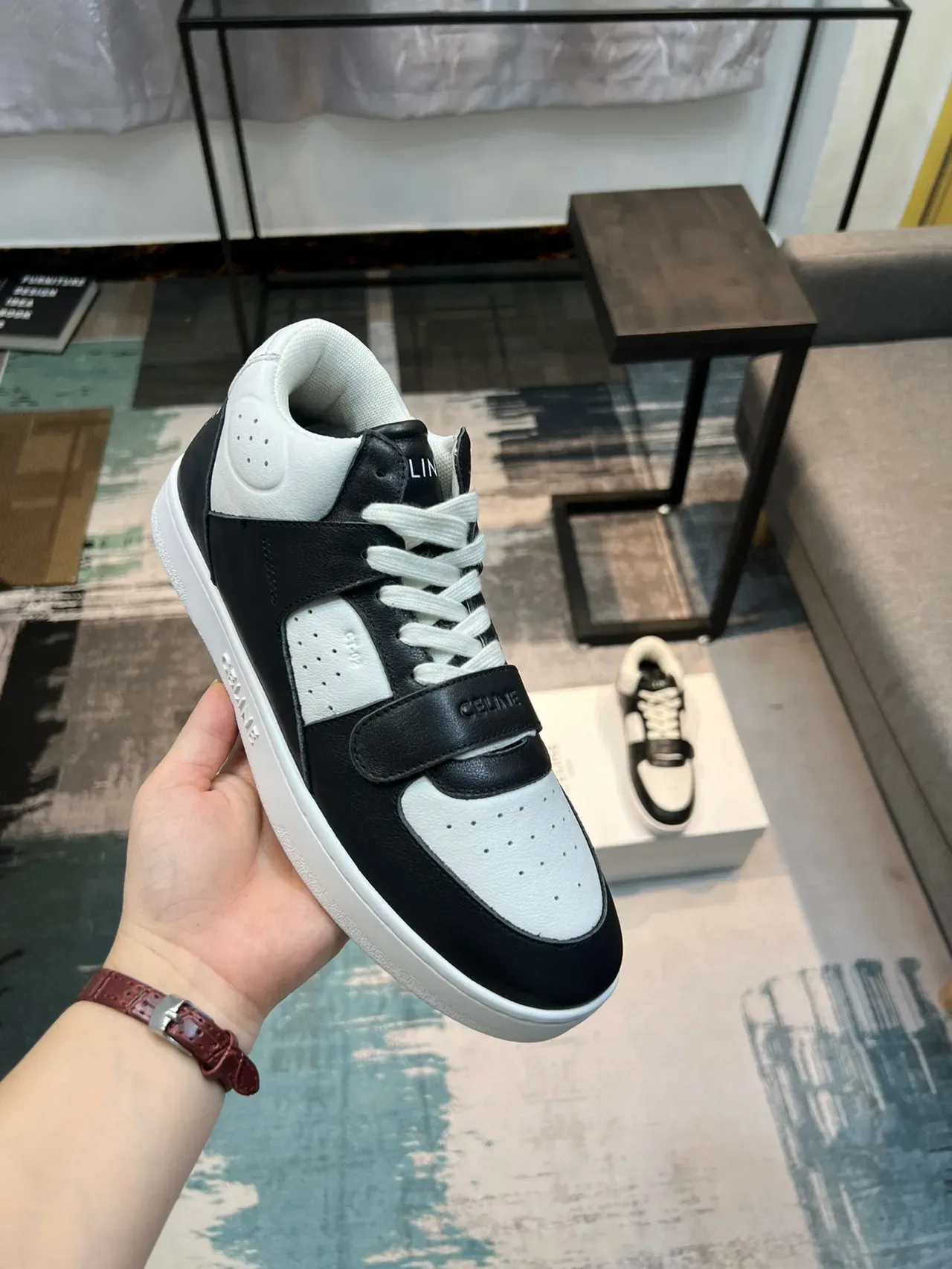 Celine CT-01 黑白皮革高帮生活方式运动鞋 7
