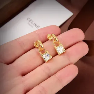 Celine Gold-Tone Lock-Shaped Square Crystal Earrings