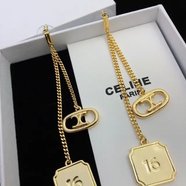 Celine Triomphe أقراط سلسلة ذهبية اللون 2