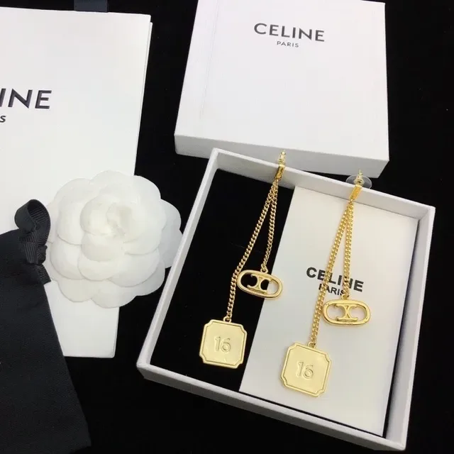 Celine Triomphe أقراط سلسلة ذهبية اللون 5