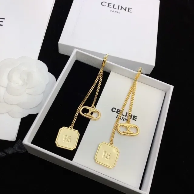 Celine Triomphe أقراط سلسلة ذهبية اللون 6