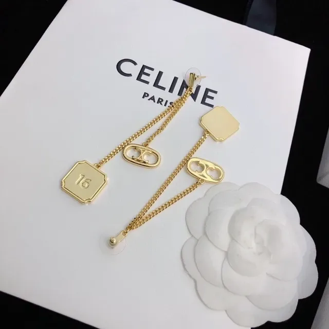 Celine Triomphe أقراط سلسلة ذهبية اللون 7
