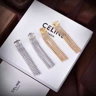 Celine Triomphe فضي ذهبي شعار نمط متعدد الصفوف كريستال تاسيل أقراط